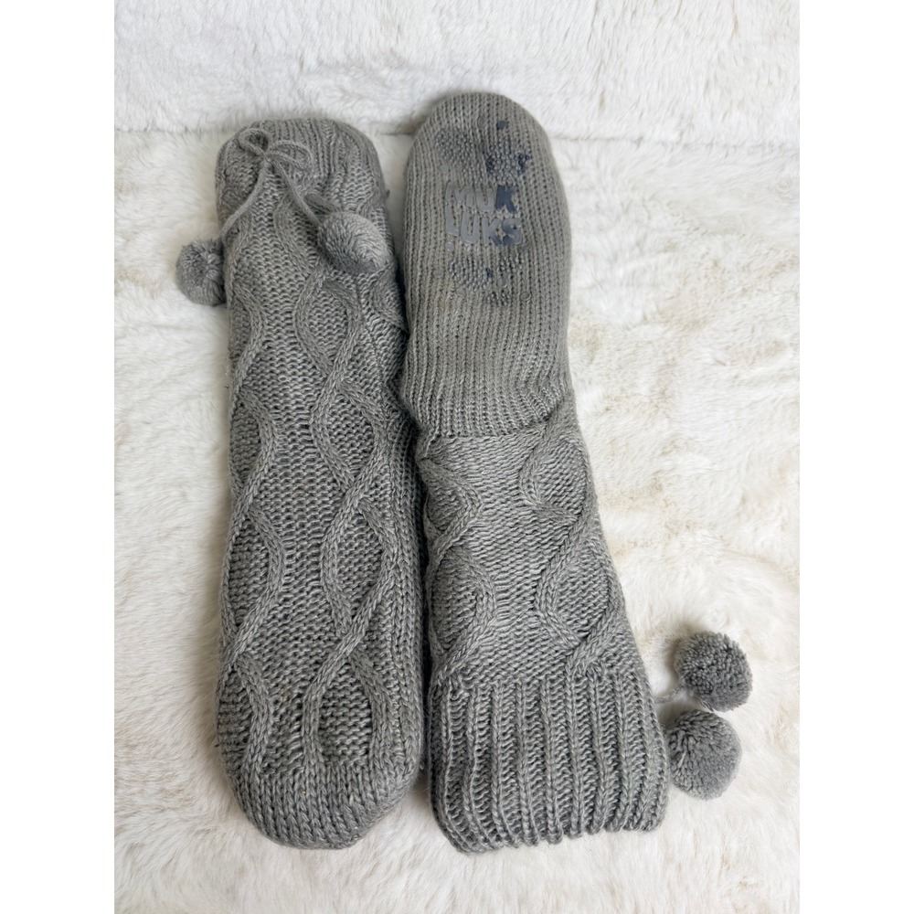 Muk Luks Womens Grey Cable Knit Pom Pom Slipper Socks Non Slip Grip Over Calf